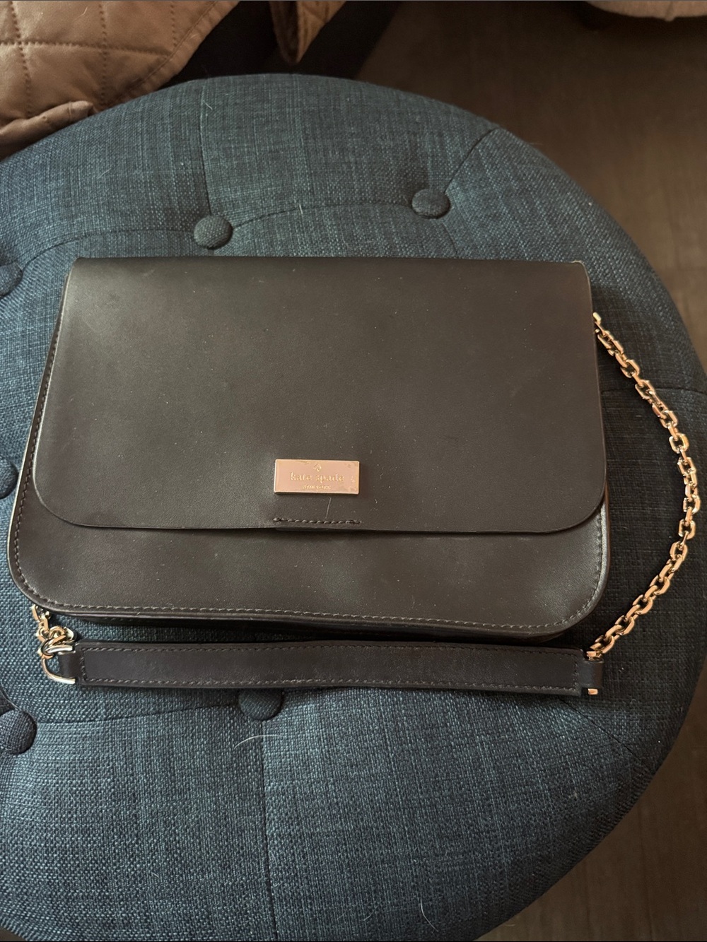 kate spade Black Leather Crossbody with Gold Chain Accent